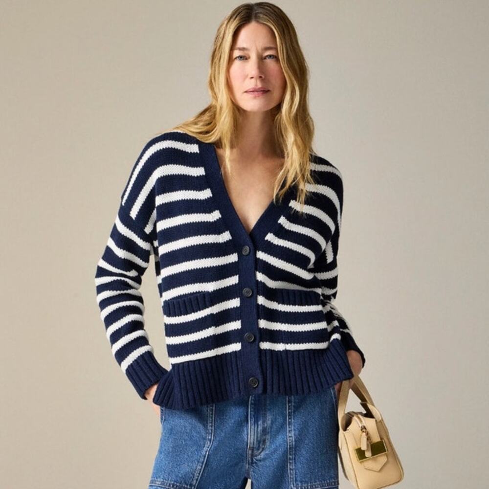 NWT J.crew Women's M Heritage Cotton Relaxed Cardigan Stripe Nautical Coastal